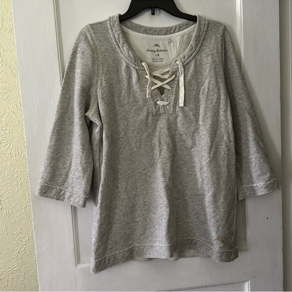 Tommy Bahama Grey Metallic Lace-Up Front 3/4 Sleeve Comfy Sweatshirt Top